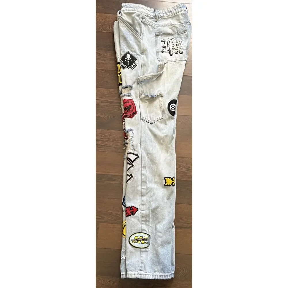 Mixed Emotion “Worker” Jeans Patchwork Graphic Light Wash Streetwear Denim 34/35